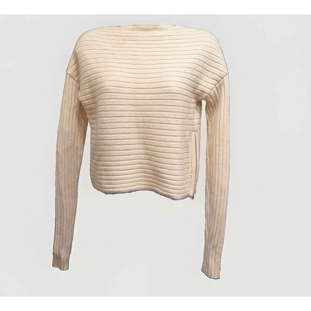 Tibi Cropped Ribbed Merino Wool Cream Sweater Zip Cuff Long Sleeve Knit XS